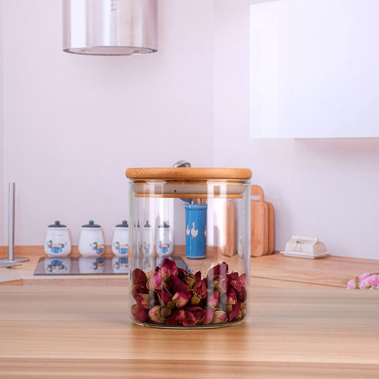 Wholesale In bulk cheap frosted for salad and dry food spiceglass jas and containers with bamboo wood lid