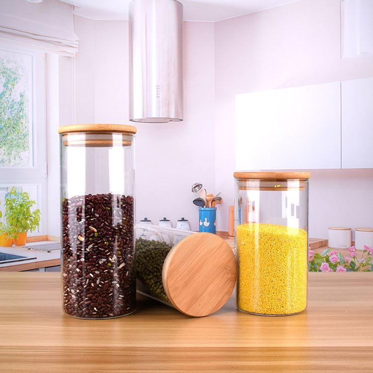 Wholesale In bulk cheap frosted for salad and dry food spiceglass jas and containers with bamboo wood lid