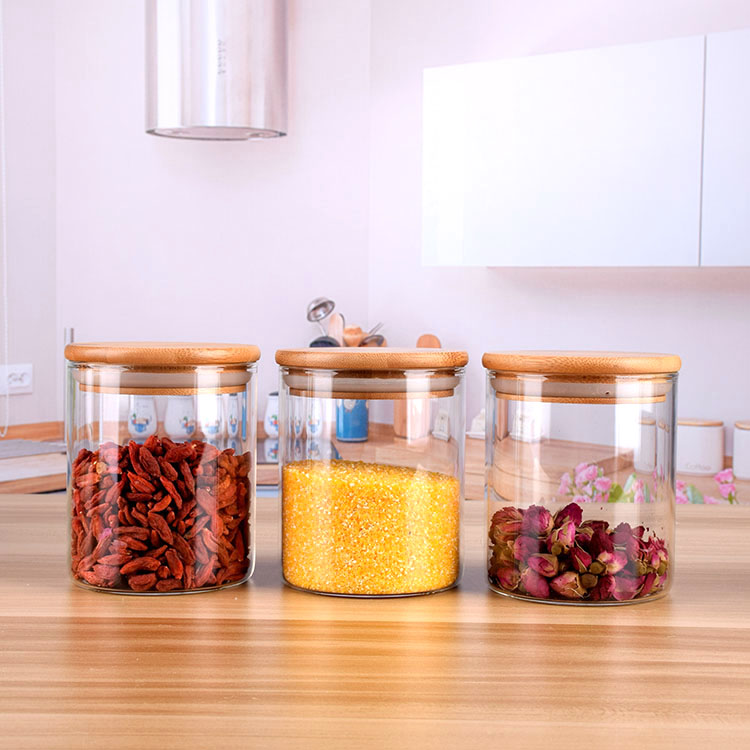 Wholesale In bulk cheap frosted for salad and dry food spiceglass jas and containers with bamboo wood lid
