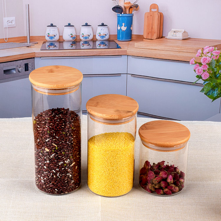 Wholesale In bulk cheap frosted for salad and dry food spiceglass jas and containers with bamboo wood lid