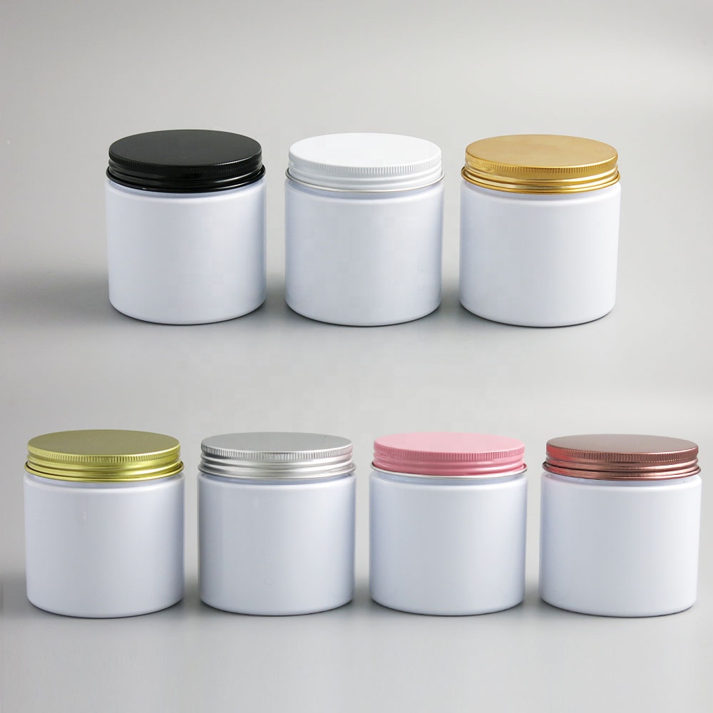Wholesale Luxury 200g White Plastic Cosmetic Cream Jar 200ml Plastic Pot with Multi Colored Fancy Aluminum Cap Lid