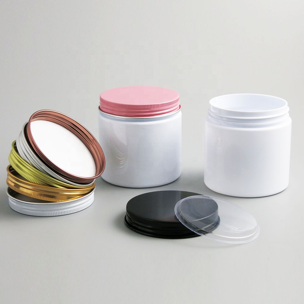 Wholesale Luxury 200g White Plastic Cosmetic Cream Jar 200ml Plastic Pot with Multi Colored Fancy Aluminum Cap Lid
