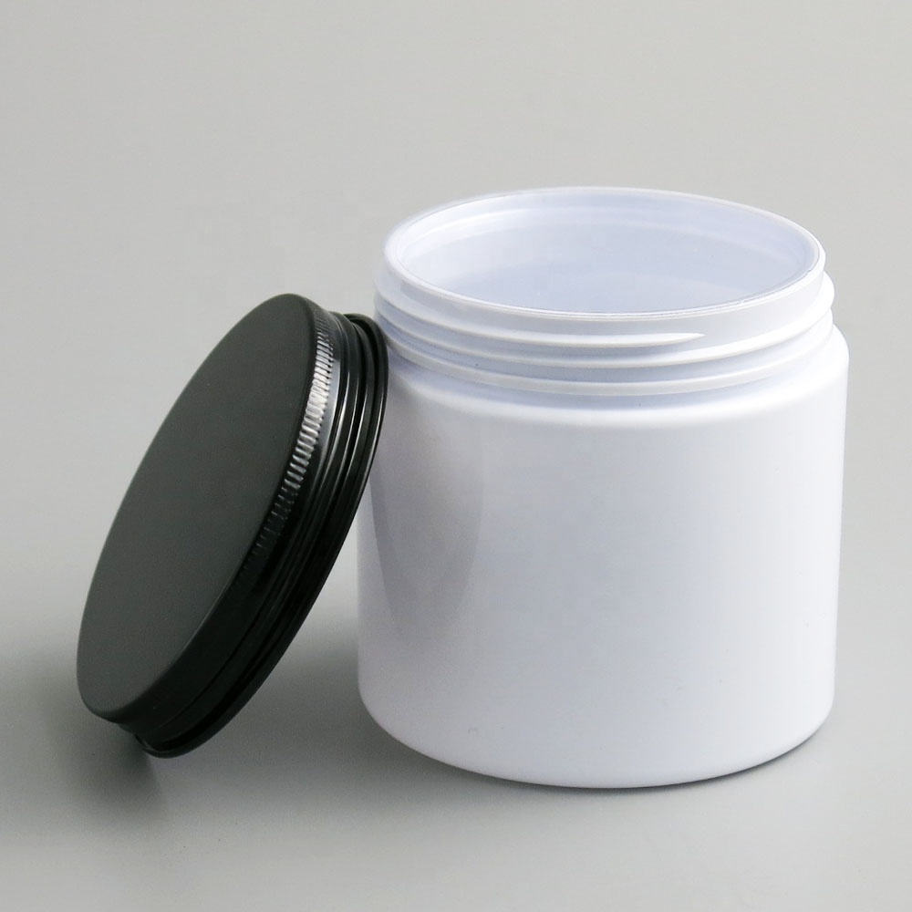 Wholesale Luxury 200g White Plastic Cosmetic Cream Jar 200ml Plastic Pot with Multi Colored Fancy Aluminum Cap Lid