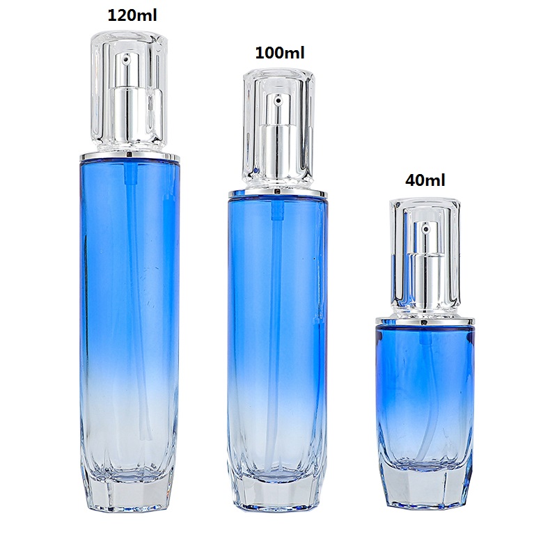 Wholesale Luxury 40ml 100ml 120ml 30g 50g Blue Cosmetic Packaging Cosmetic Glass Bottle Cream Jar with Silver Lid for Skin Care
