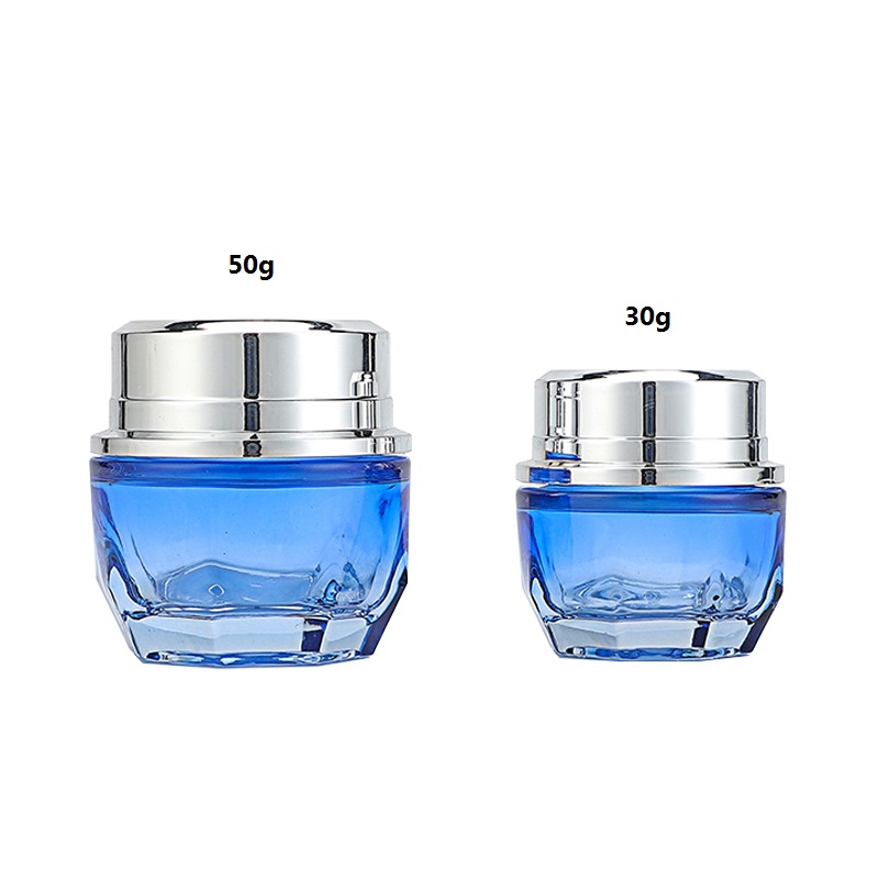Wholesale Luxury 40ml 100ml 120ml 30g 50g Blue Cosmetic Packaging Cosmetic Glass Bottle Cream Jar with Silver Lid for Skin Care