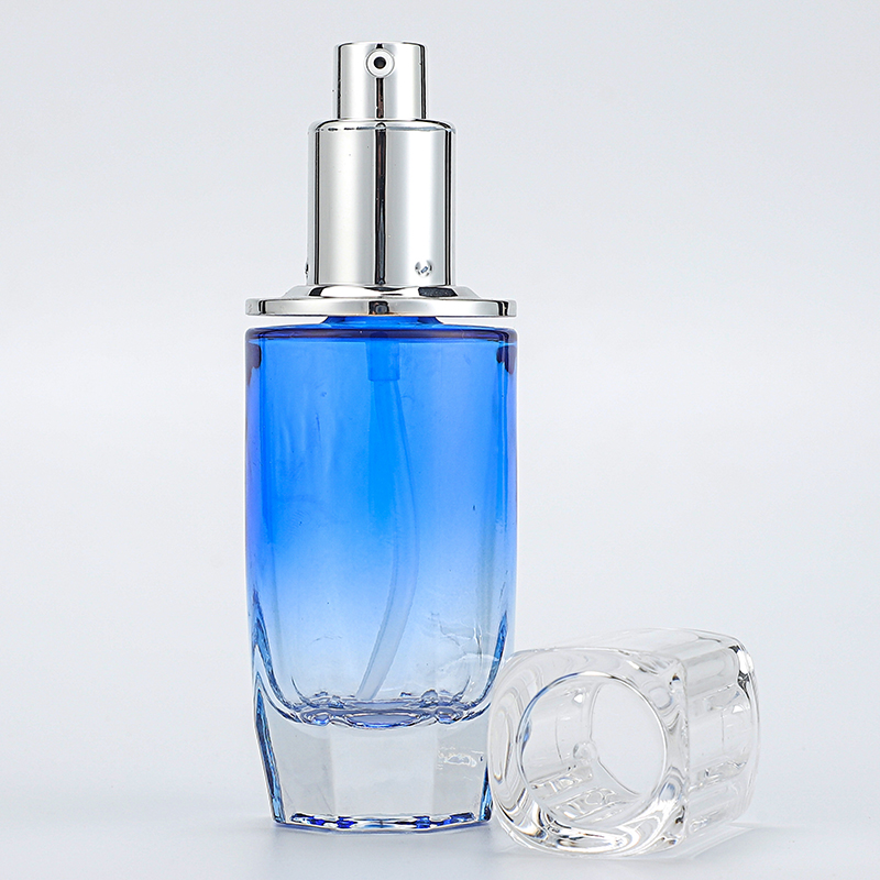 Wholesale Luxury 40ml 100ml 120ml 30g 50g Blue Cosmetic Packaging Cosmetic Glass Bottle Cream Jar with Silver Lid for Skin Care
