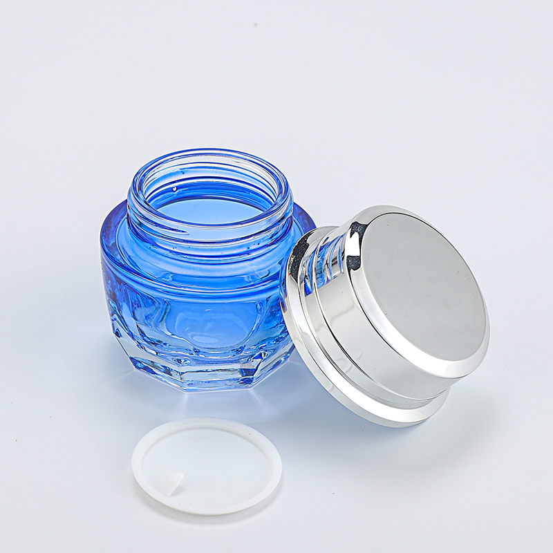 Wholesale Luxury 40ml 100ml 120ml 30g 50g Blue Cosmetic Packaging Cosmetic Glass Bottle Cream Jar with Silver Lid for Skin Care