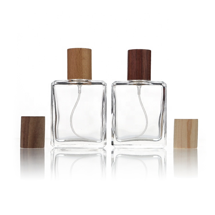 Wholesale Luxury 50ml 100ml Empty Glass Spray Bottle Female Perfume Wooden Cap With Box