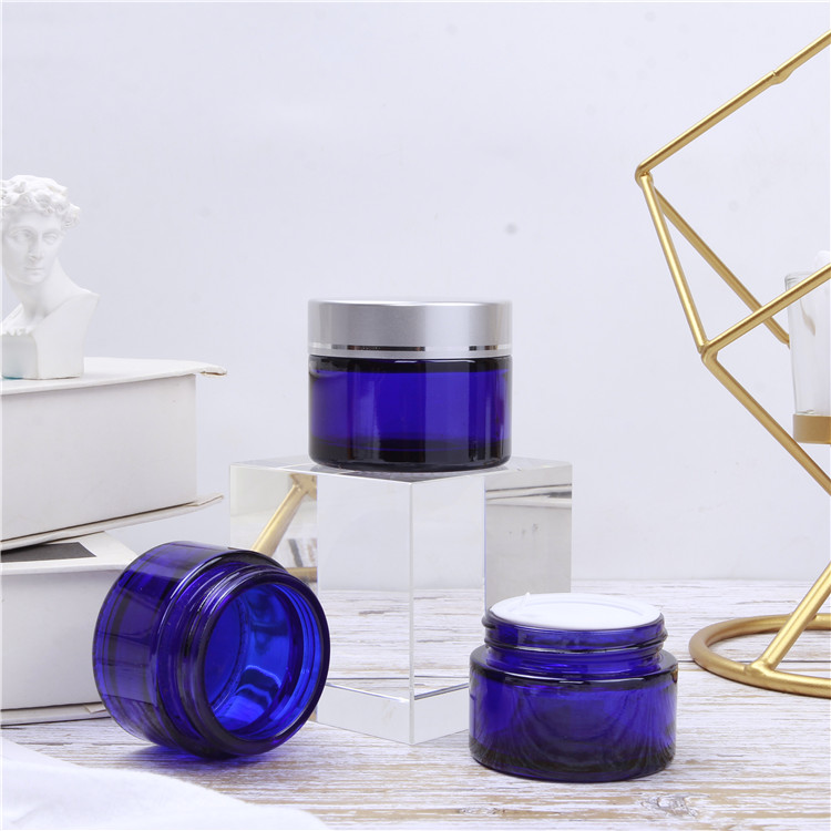 Wholesale Luxury Custom 15ml 30ml 50ml Blue Round Eye Skin Face Glass Cream Jar Cosmetic Jars with Iinner