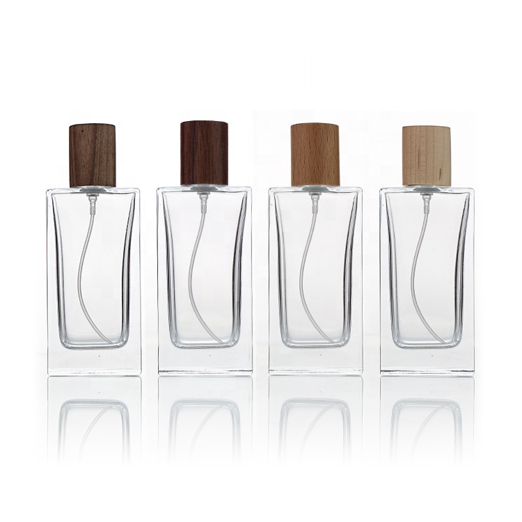 Wholesale Luxury Perfume Spray Bottle 30ml 50ml 100ml Square Glass Perfume Bottle With Wooden Cap