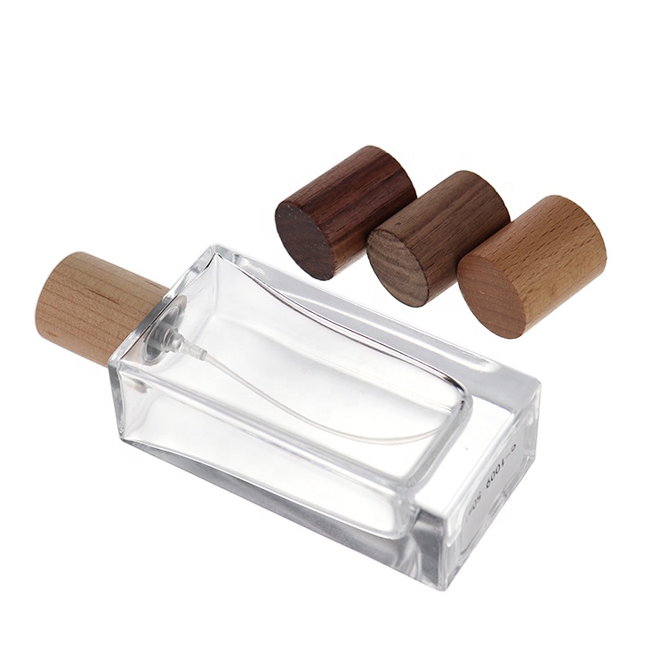 Wholesale Luxury Perfume Spray Bottle 30ml 50ml 100ml Square Glass Perfume Bottle With Wooden Cap