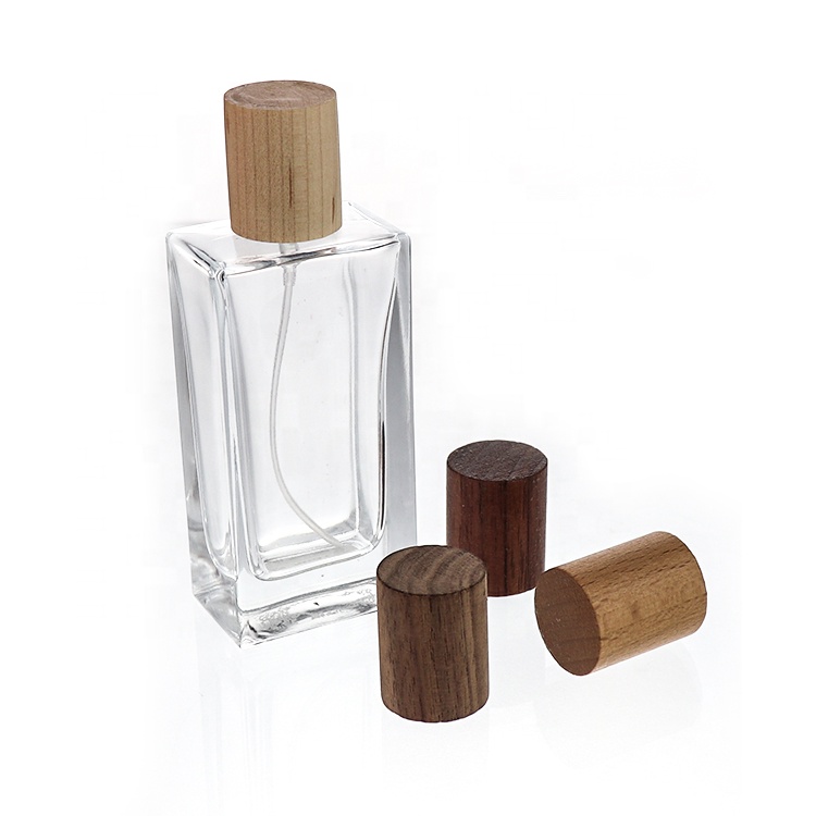Wholesale Luxury Perfume Spray Bottle 30ml 50ml 100ml Square Glass Perfume Bottle With Wooden Cap