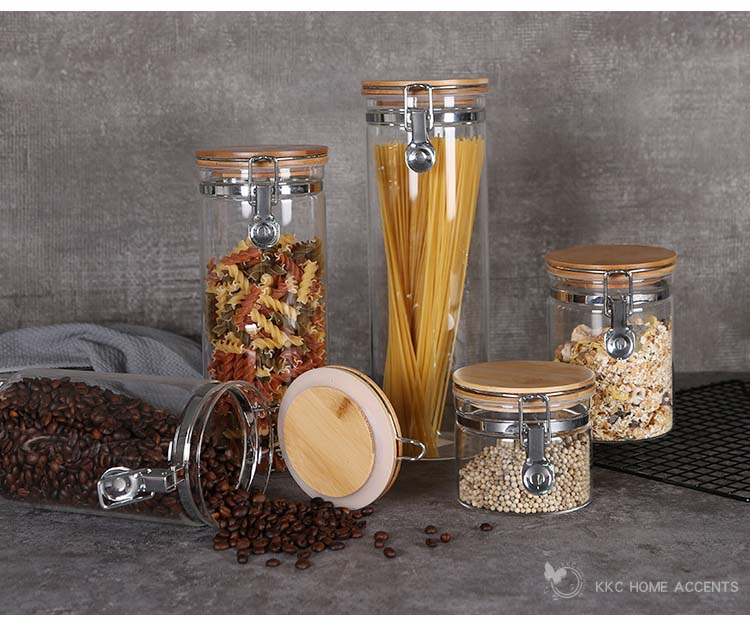 Wholesale Multi Styles Hot Sale Heat Resistant Glass Jars With Bamboo Snap Joint Lids For Kitchen Spice Grains