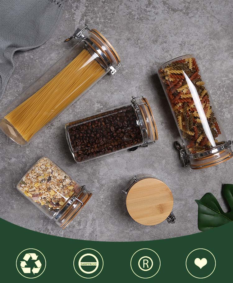 Wholesale Multi Styles Hot Sale Heat Resistant Glass Jars With Bamboo Snap Joint Lids For Kitchen Spice Grains