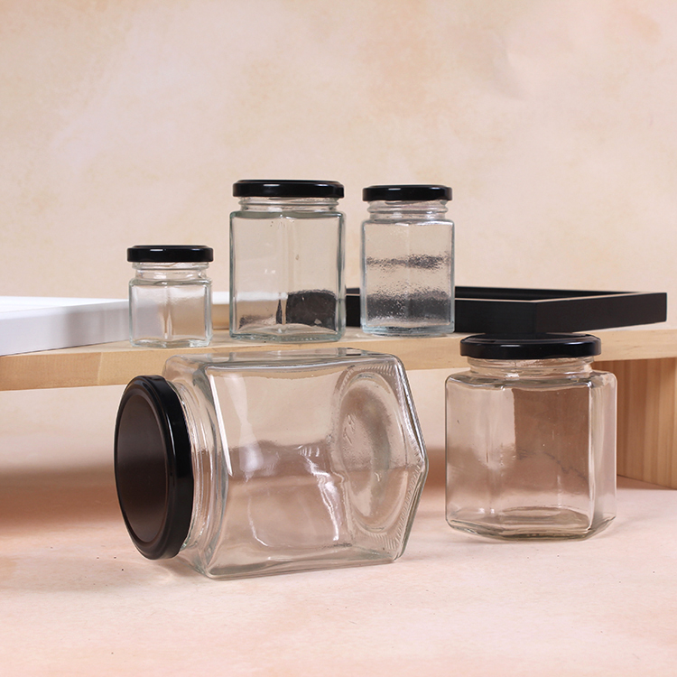 Wholesale Multifunctional Hexagonal Glass Storage Jar Set with Lid for Kitchen Used