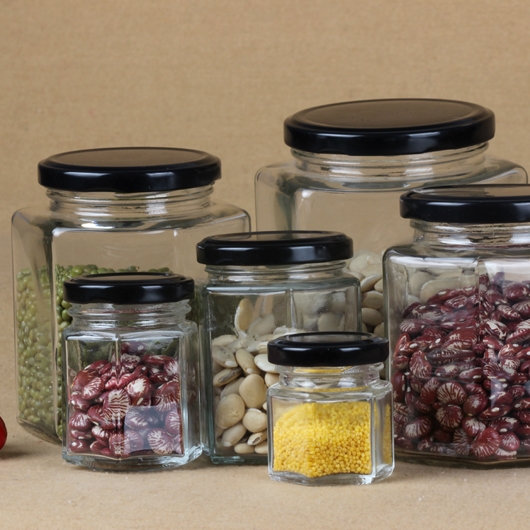 Wholesale Multifunctional Hexagonal Glass Storage Jar Set with Lid for Kitchen Used