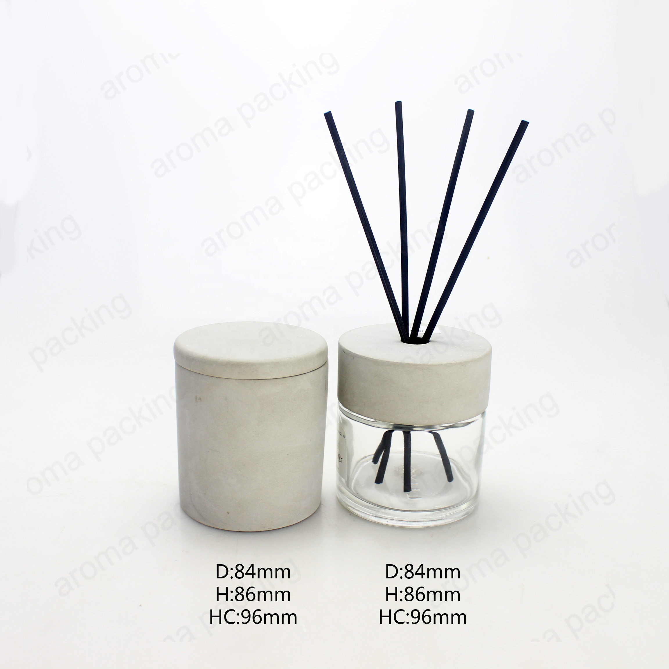 Wholesale New Design Round Clear Aroma Diffuser Bottle With Concrete Cememt Cap And Black Reed/Sticks