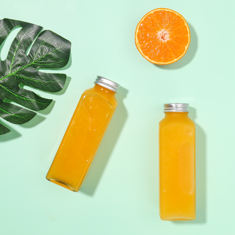 Wholesale New Design Transparent Clear Glass Juce Bottle Square Empty Bottles for Food Beverages With Aluminum Lids