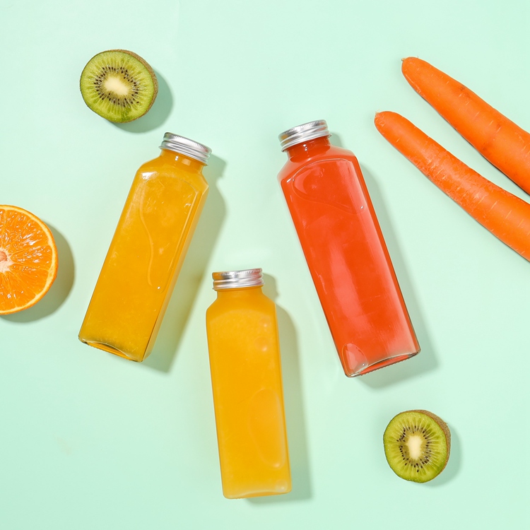 Wholesale New Design Transparent Clear Glass Juce Bottle Square Empty Bottles for Food Beverages With Aluminum Lids