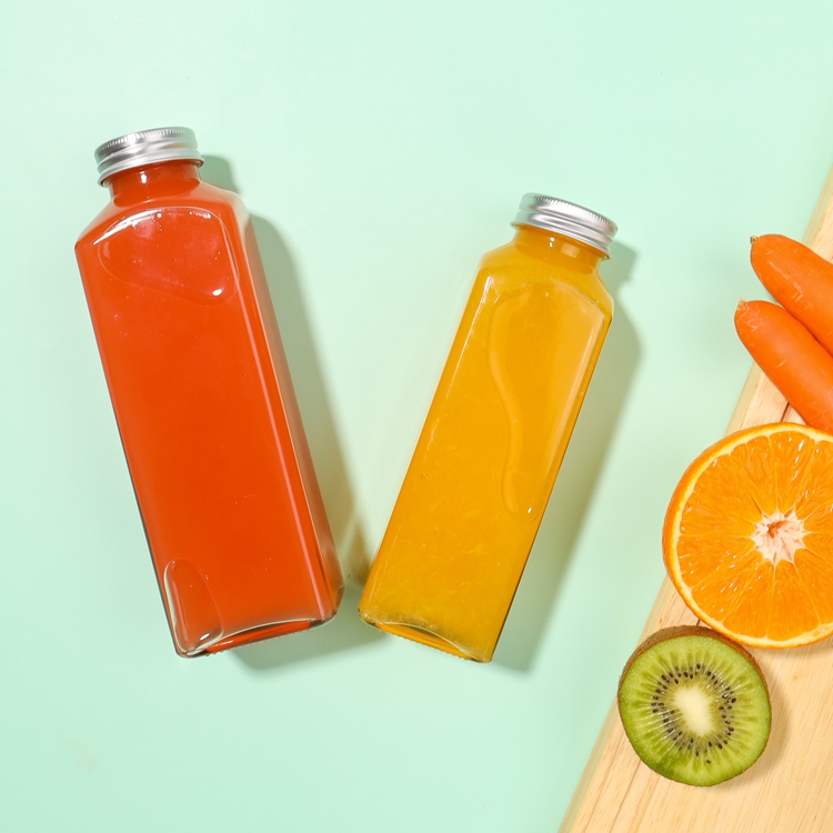 Wholesale New Design Transparent Clear Glass Juce Bottle Square Empty Bottles for Food Beverages With Aluminum Lids