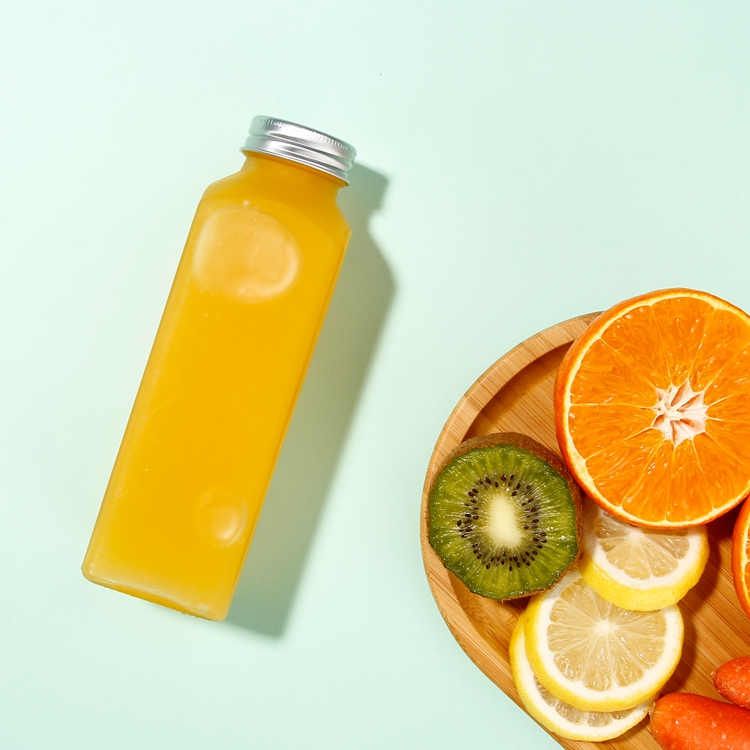 Wholesale New Design Transparent Clear Glass Juce Bottle Square Empty Bottles for Food Beverages With Aluminum Lids