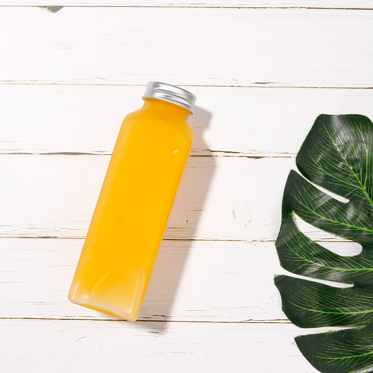 Wholesale New Design Transparent Clear Glass Juce Bottle Square Empty Bottles for Food Beverages With Aluminum Lids