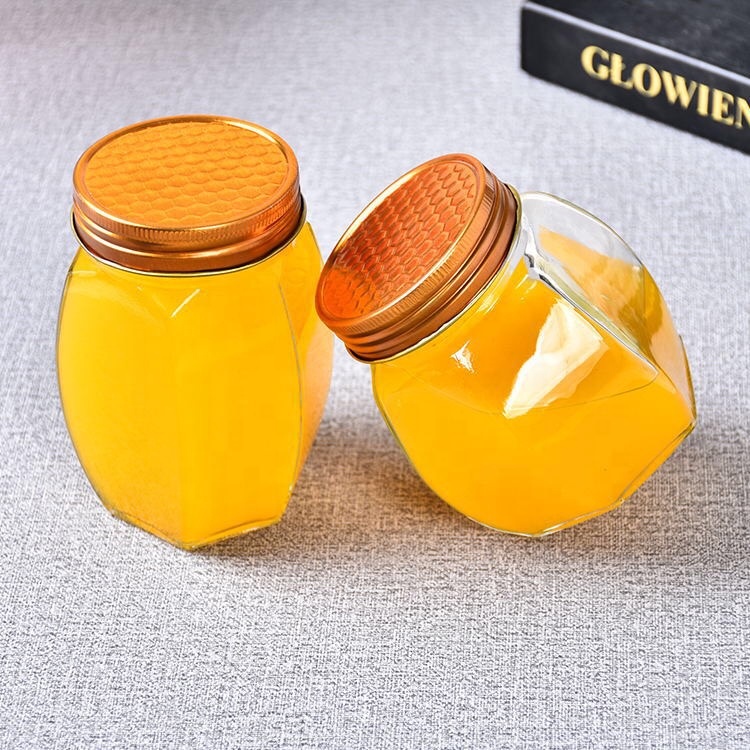 Wholesale New products Unique antique clear empty glass jar bottle jam hexagon honey jar with gold lid
