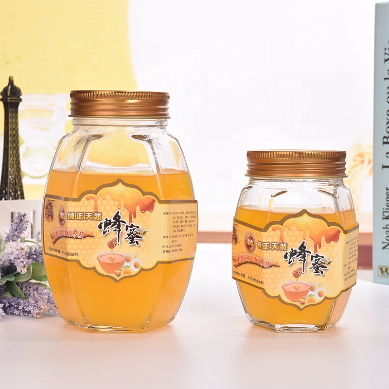 Wholesale New products Unique antique clear empty glass jar bottle jam hexagon honey jar with gold lid