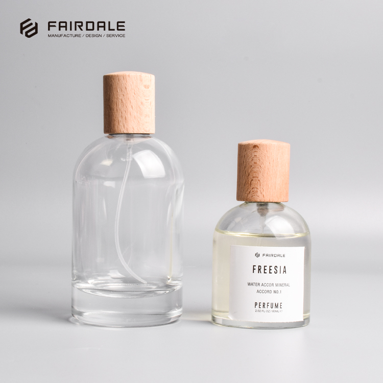 Wholesale Perfume Bottles 50ml OEM 100ml Perfume Bottle Spray Wooden Cap Empty Perfume Bottles