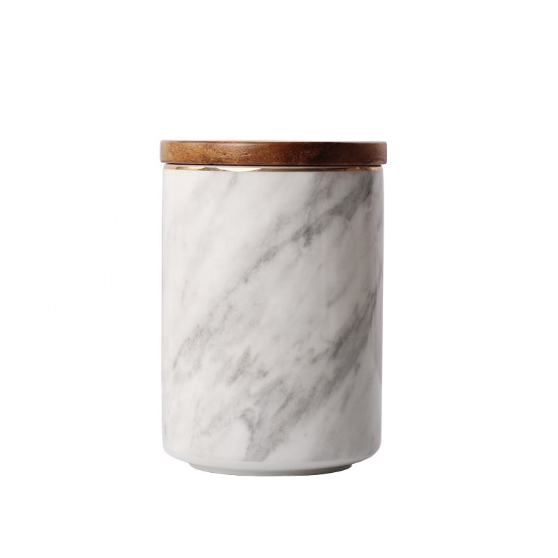 Wholesale Porcelain Coffee Tea Sugar Jars Sets in Bulk Ceramic Marble Canister with Bamboo Lid