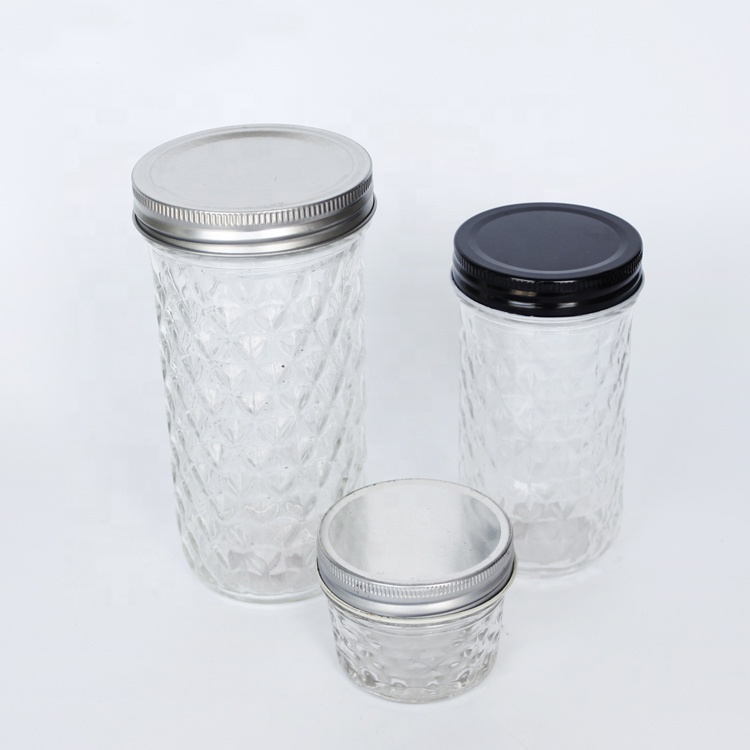 Wholesale Quilted Glass Mason Jar For Food Storage Canning Caviar Jam Jar