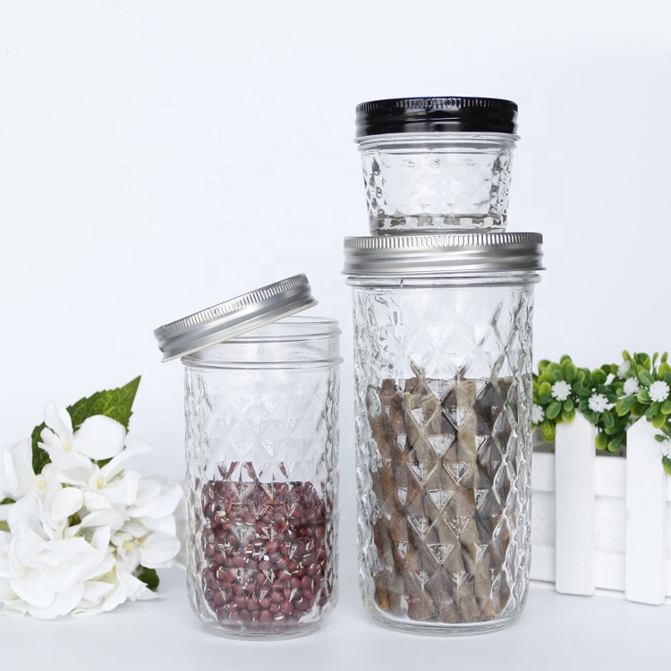 Wholesale Quilted Glass Mason Jar For Food Storage Canning Caviar Jam Jar