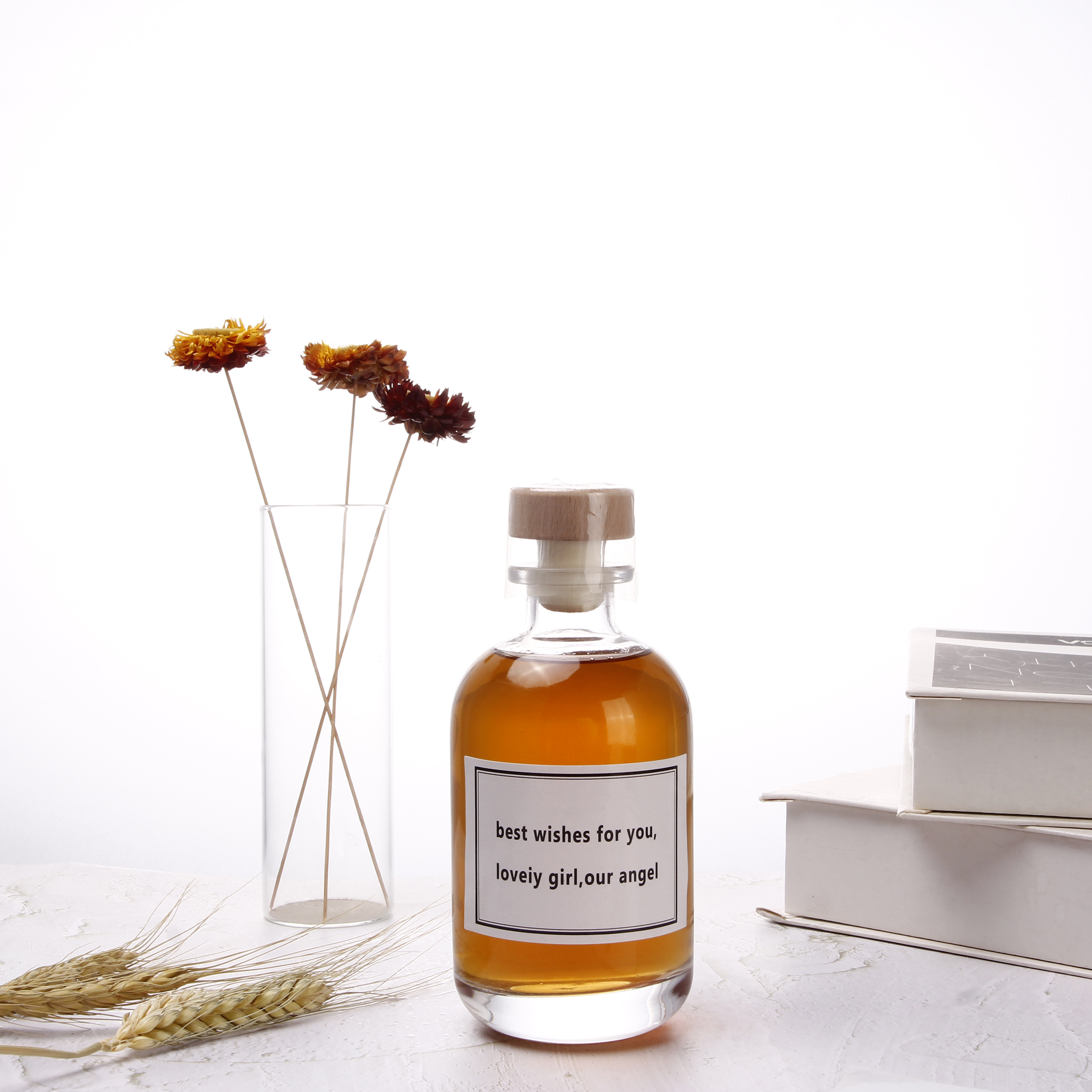 Wholesale Recycled Empty 250ml 500ml Fruit Ice Wine Clear Frosted Round Glass Bottle With Wooden Cork