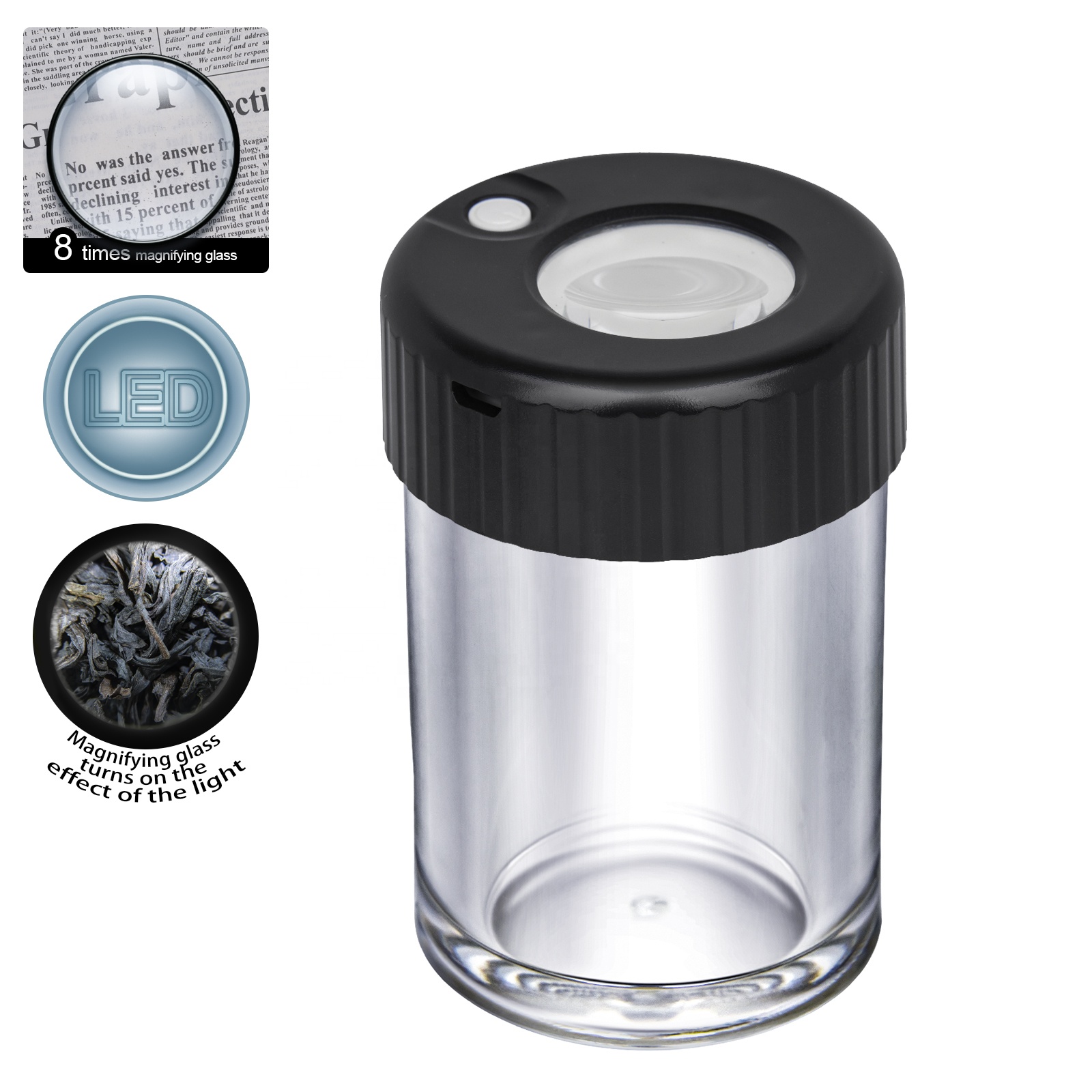 Wholesale Sealed Custom Led Jar USB Charging Herb Storage Container with Magnifier Durable Glow Up Storage Tank