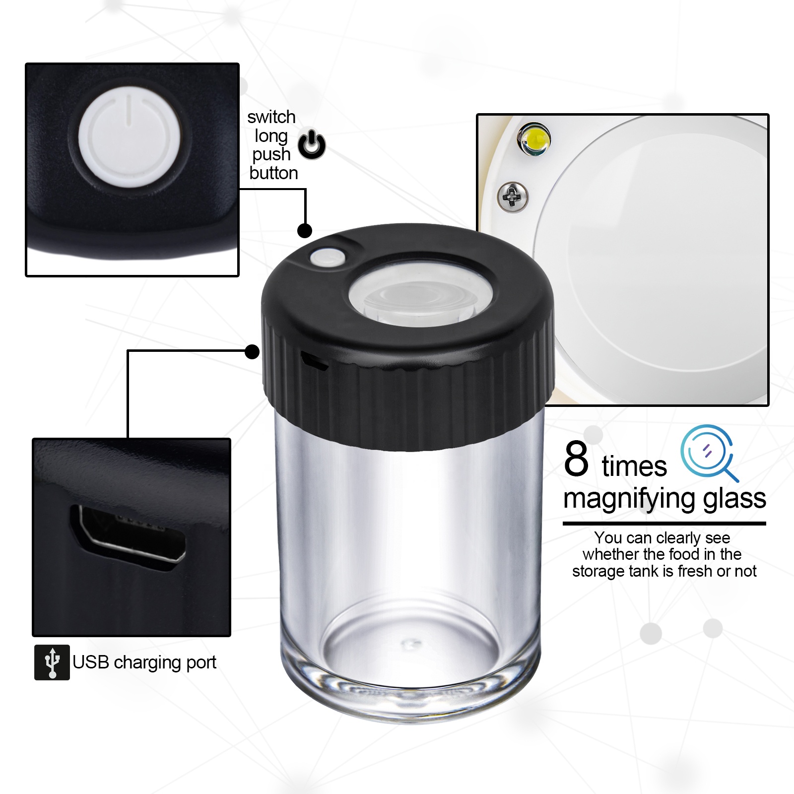 Wholesale Sealed Custom Led Jar USB Charging Herb Storage Container with Magnifier Durable Glow Up Storage Tank