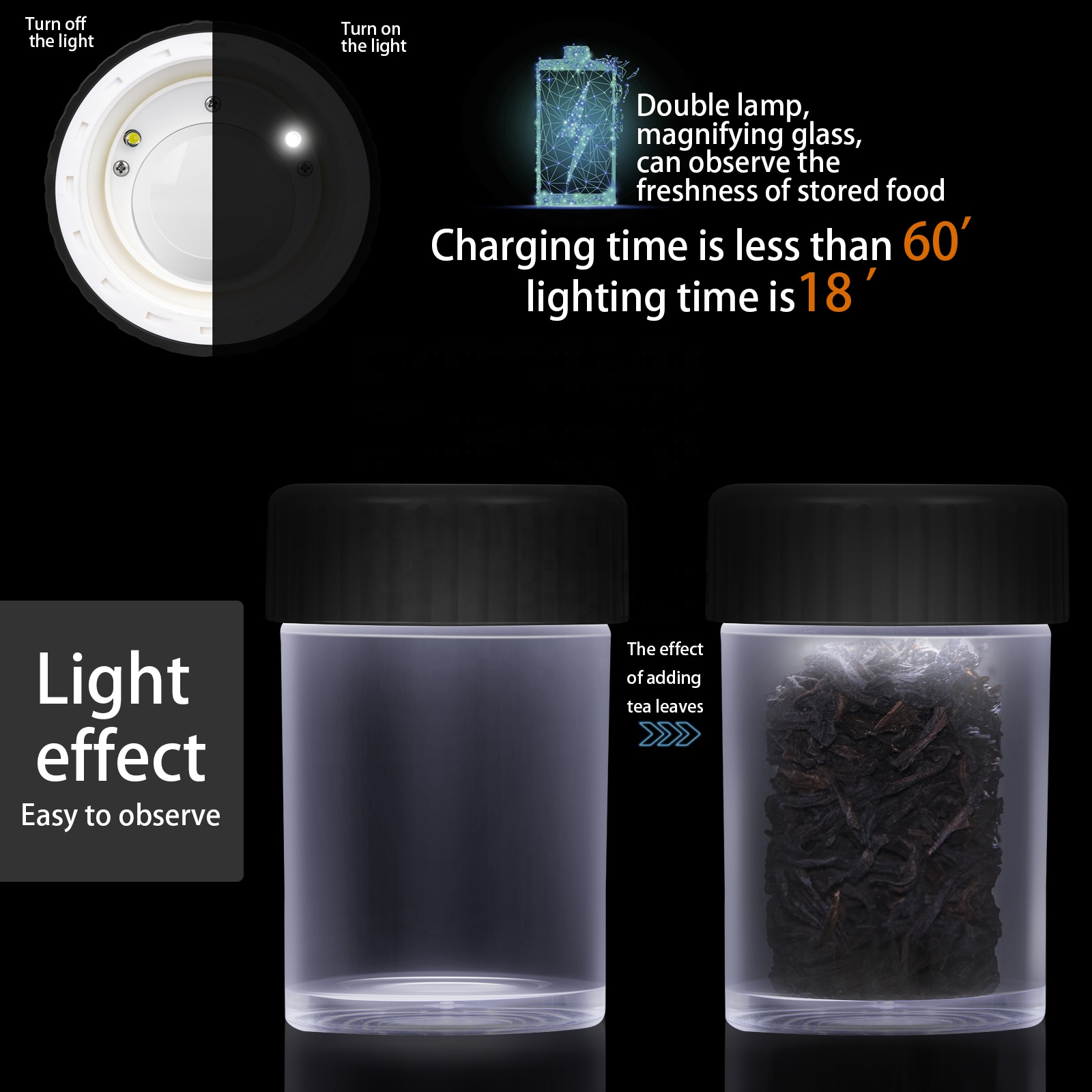 Wholesale Sealed Custom Led Jar USB Charging Herb Storage Container with Magnifier Durable Glow Up Storage Tank