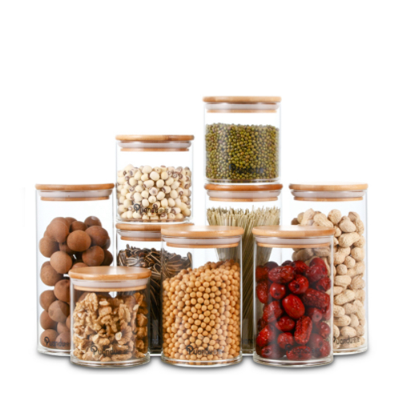 Wholesale Silicone Ring Containers 8 oz Food Storage Cookie Glass Jars with Cork Bamboo Lid in Bulk Glass Jar and Bottles