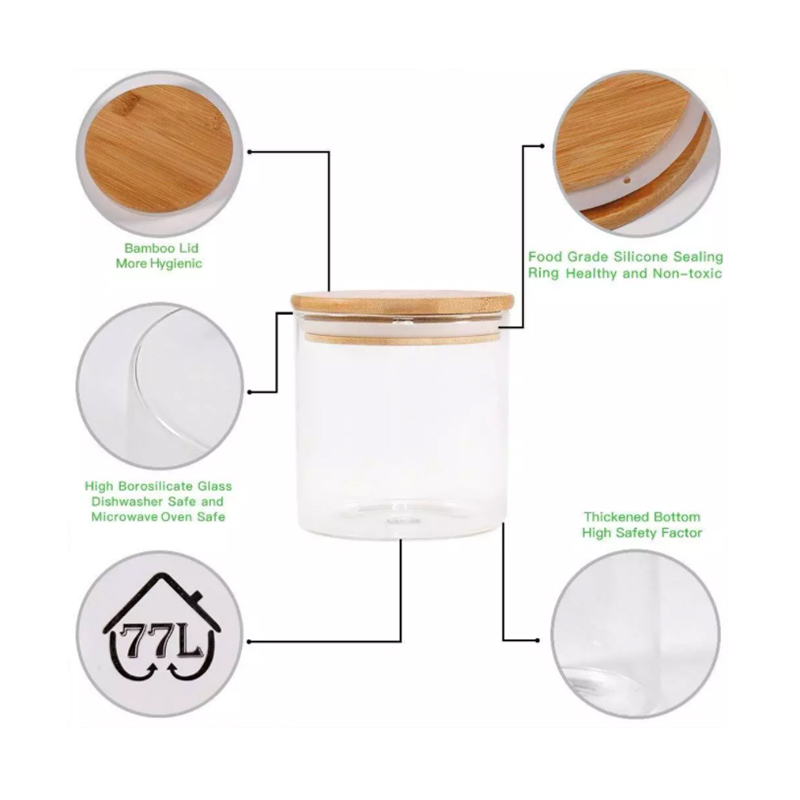 Wholesale Silicone Ring Containers 8 oz Food Storage Cookie Glass Jars with Cork Bamboo Lid in Bulk Glass Jar and Bottles