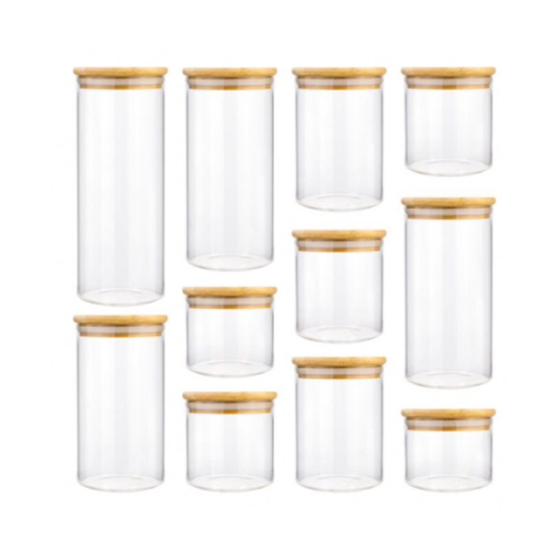 Wholesale Silicone Ring Containers 8 oz Food Storage Cookie Glass Jars with Cork Bamboo Lid in Bulk Glass Jar and Bottles