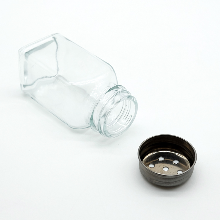 Wholesale Square Shape Glass Bottle Daily Use Seasoning Bottle with Metal Holes Lid Cumin Powder Glass Bottle for Condiment
