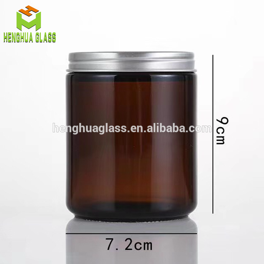 Wholesale Straight Sided 240ml 8oz  Amber Glass Jar  For Cosmetics Lotions Body Scrubs Balms Candle With Aluminium Lid