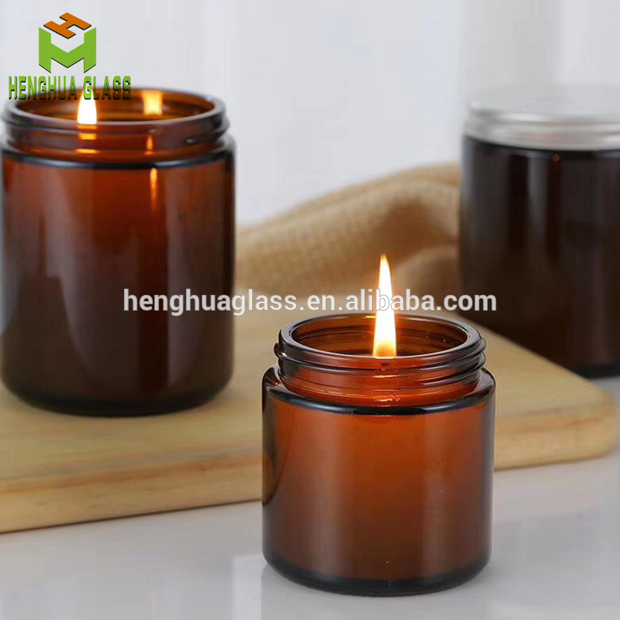 Wholesale Straight Sided 240ml 8oz Amber Glass Jar For Cosmetics Lotions Body Scrubs Balms Candle With Aluminium Lid