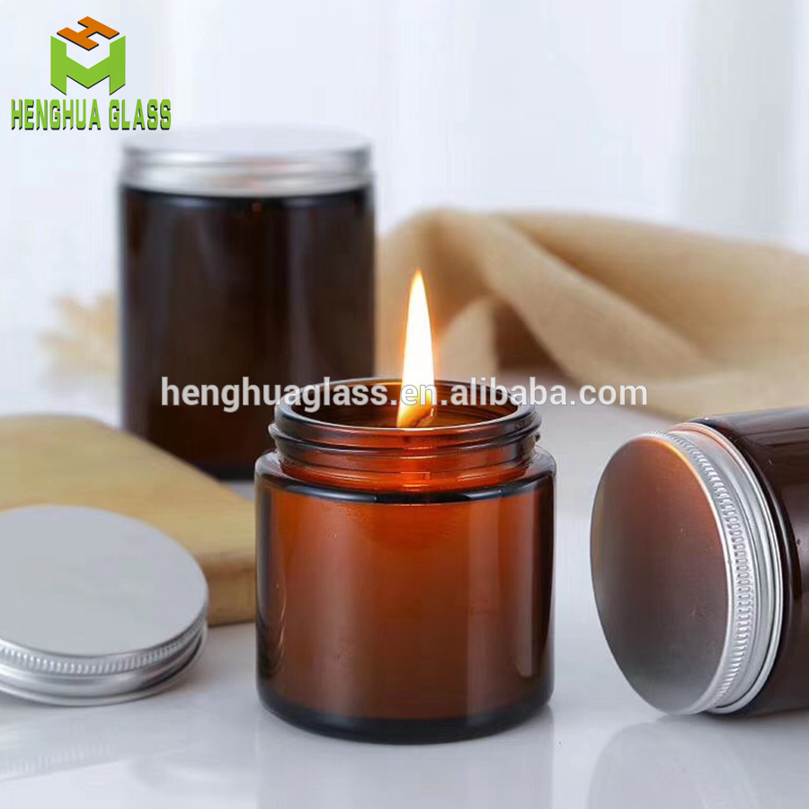 Wholesale Straight Sided 240ml 8oz Amber Glass Jar For Cosmetics Lotions Body Scrubs Balms Candle With Aluminium Lid