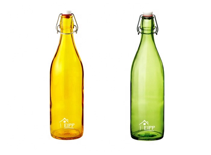 Wholesale Swing Top 300ml 500ml 1000ml Custom Printed Fruit Juice Glass Bottle With Stainless Steel Flip