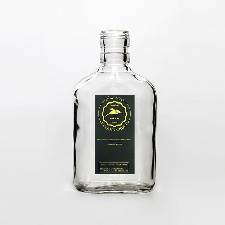 Wholesale Unique Shape Clear Flask Flat 150ml 200ml Glass Liquor Bottle With Aluminum Lids