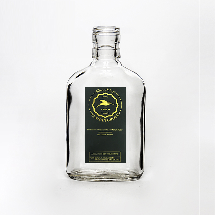 Wholesale Unique Shape Clear Flask Flat 150ml 200ml Glass Liquor Bottle With Aluminum Lids