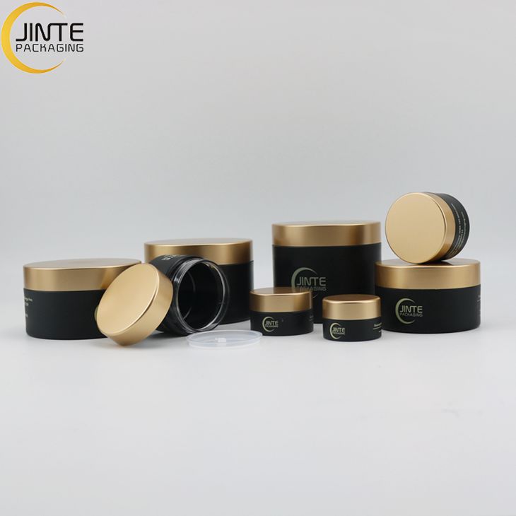 Wholesale Various Capacities Matte Metallic Gold Lids Matte Black Jar body PETG Plastic BPA Free Container