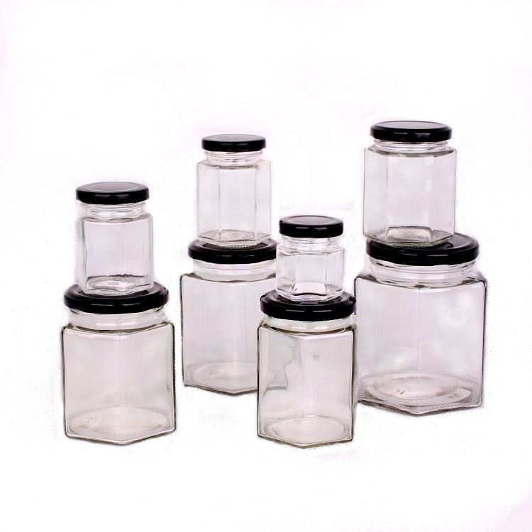 Wholesale all size hexagon shaped glass jar for honey jam storage with metal lug lid