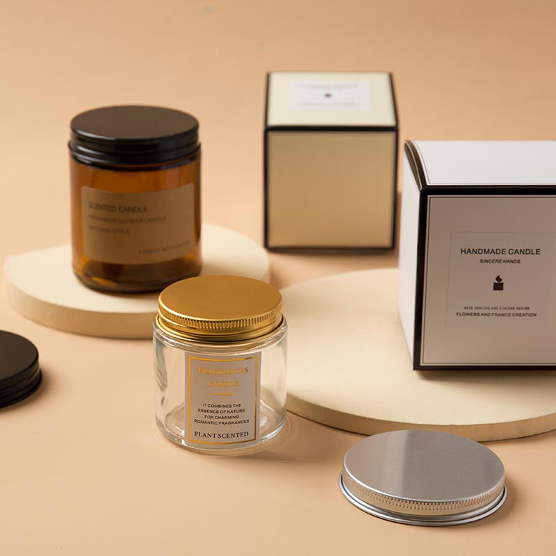Wholesale amber 8oz 16 ounce aluminum lid and boxes frosted candle glass jar