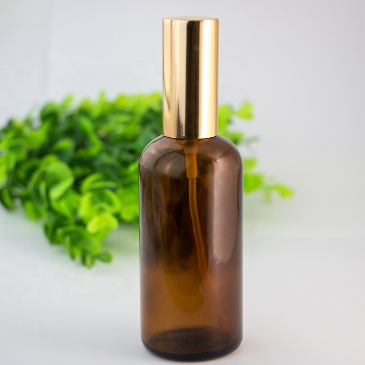 Wholesale amber aluminum cap custom frosted cosmetic packaging matter mist spray glass material bottle 30ml 50ml 100ml